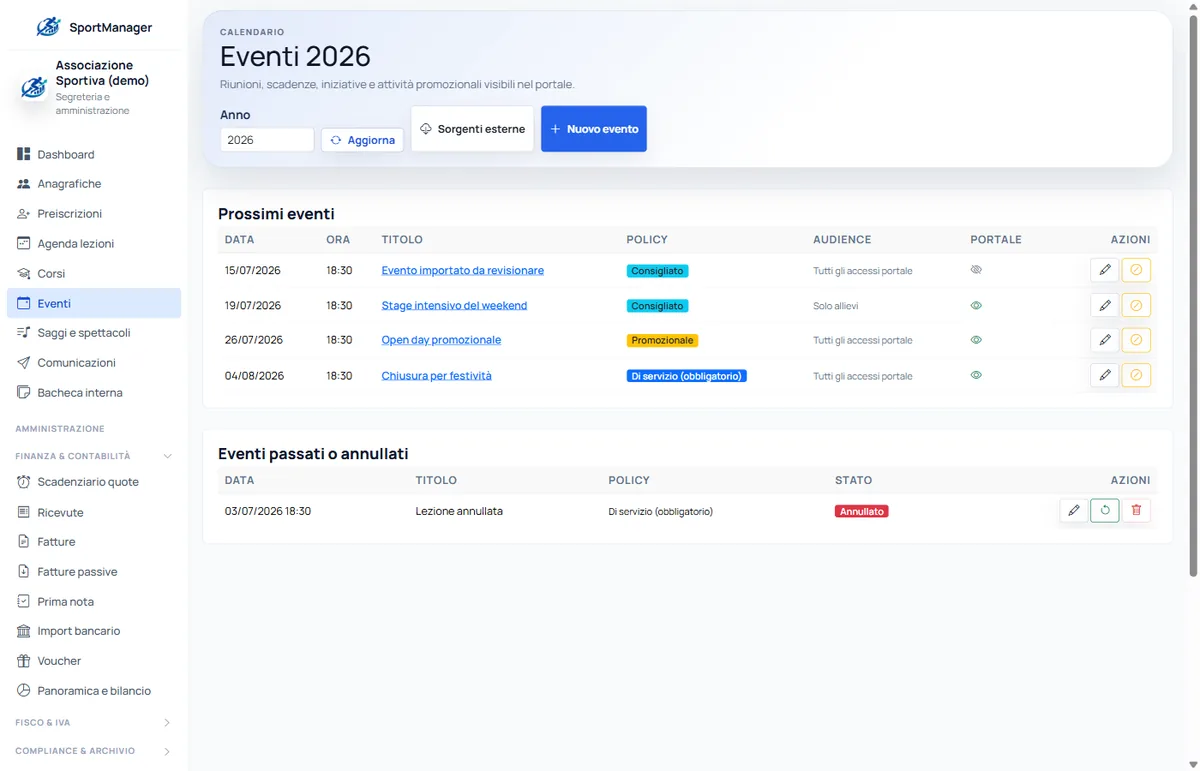 Eventi del calendario con policy di visibilità e audience