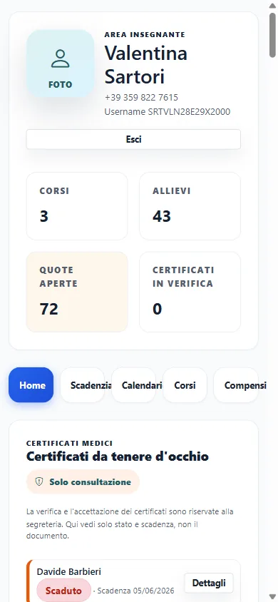 L'area insegnante su smartphone: corsi, allievi, quote aperte e certificati da tenere d'occhio