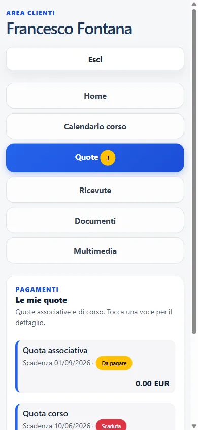 Il portale allievo su smartphone: quote con stato e scadenze