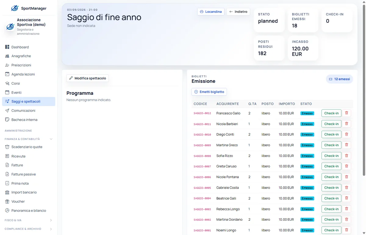 Dettaglio saggio: biglietti emessi, posti residui, incasso e check-in