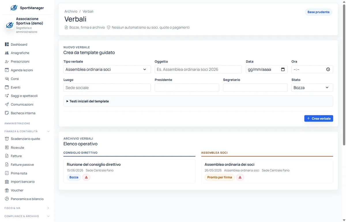 Verbali: creazione guidata da template e archivio per organo